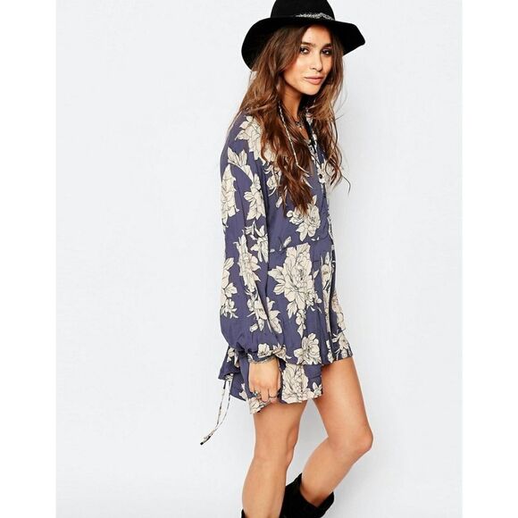 New! FREE PEOPLE Women's 70's Style Floral Double-hem Mini Shirt Dress Size XS - Picture 2 of 5